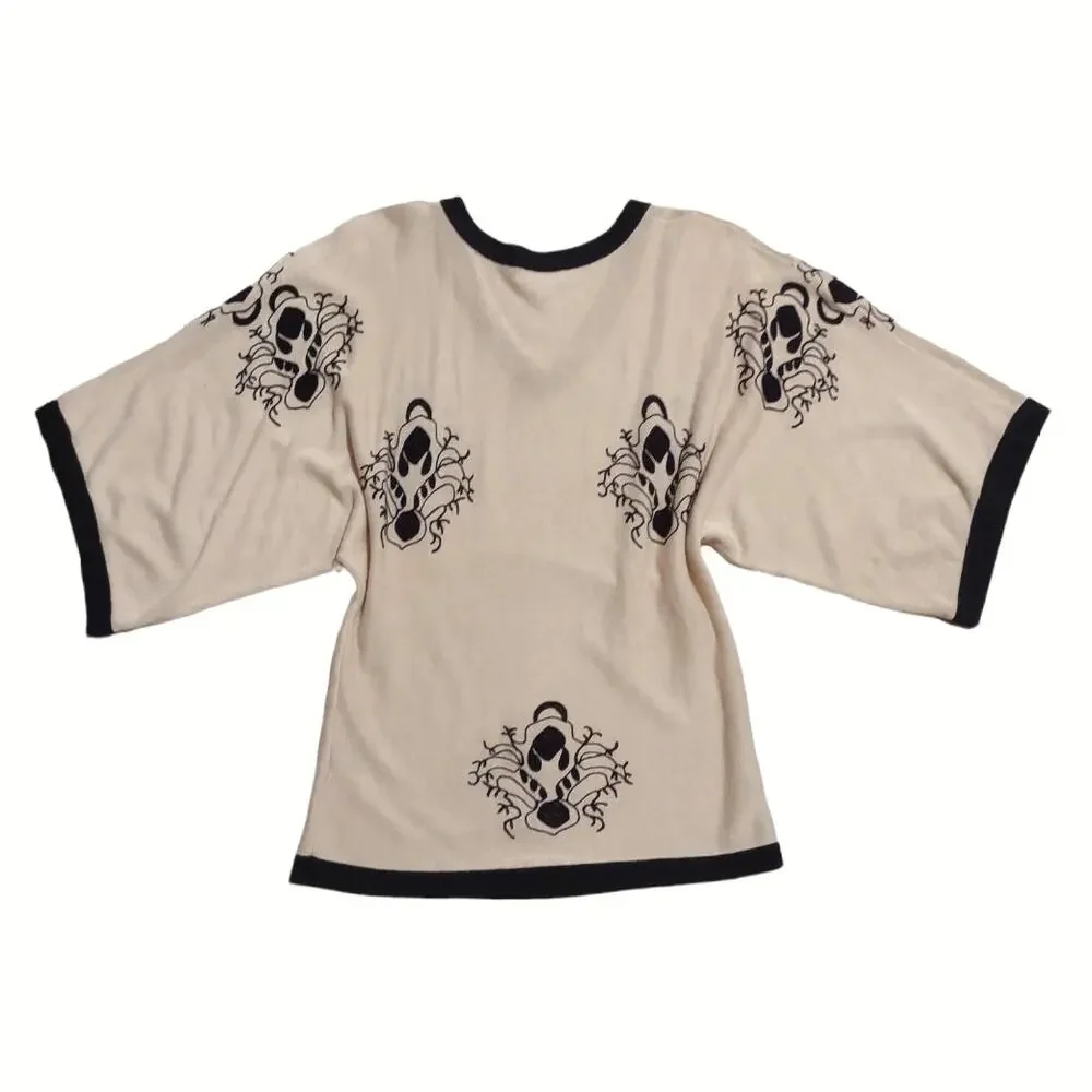 KENAR Kimono Style Sweater Top Tan & Black with Embroidered Size S Cozy Vintage